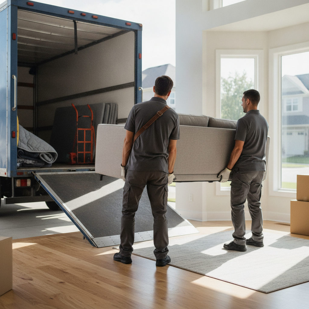 Create a realistic, professional service-business photograph showing Furniture Delivery Service from behind, with the backs of their heads visible. Do not show any faces, facial features, front-facing views or side views, profiles, or ident