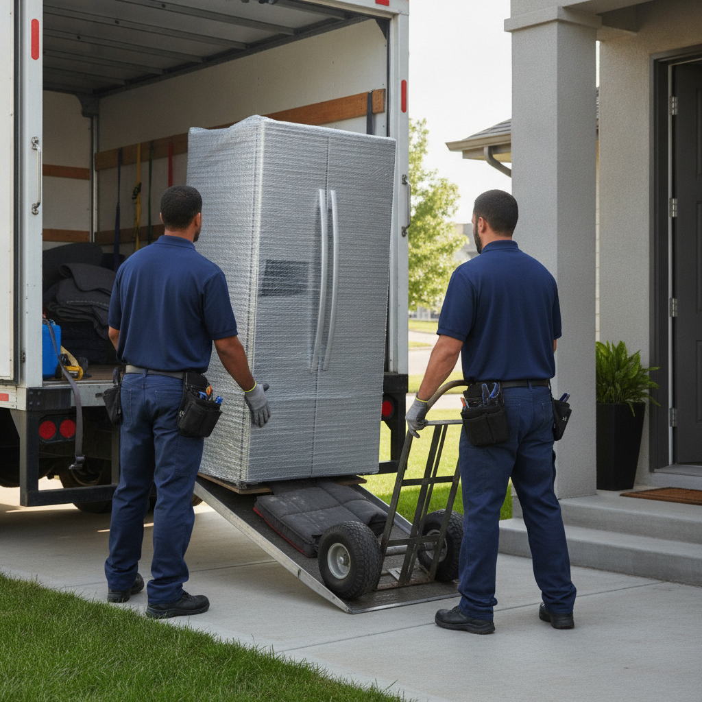 Create a realistic, professional service-business photograph showing Appliance Delivery Service from behind, with the backs of their heads visible. Do not show any faces, facial features, front-facing views or side views, profiles, or ident
