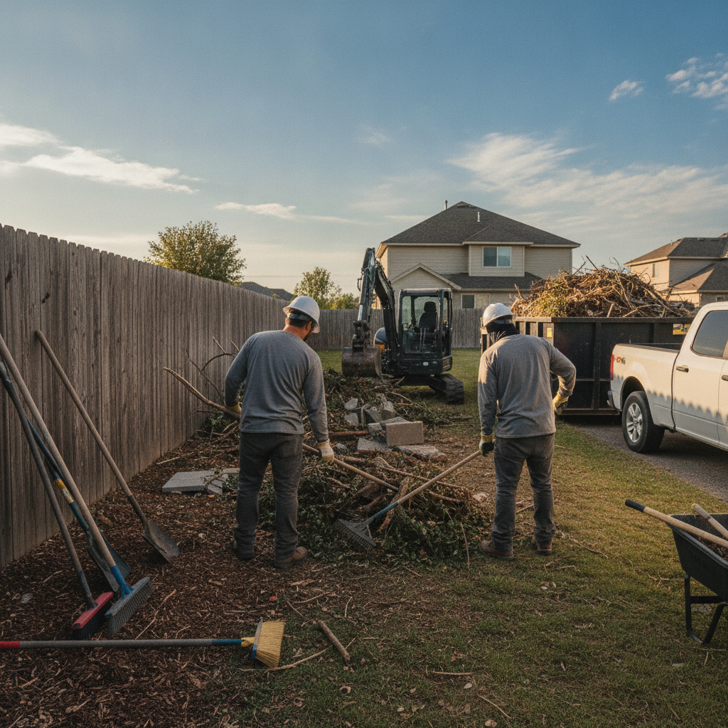Create a realistic, professional service-business photograph showing Debris Removal Service from behind, with the backs of their heads visible. Do not show any faces, facial features, front-facing views or side views, profiles, or identifia