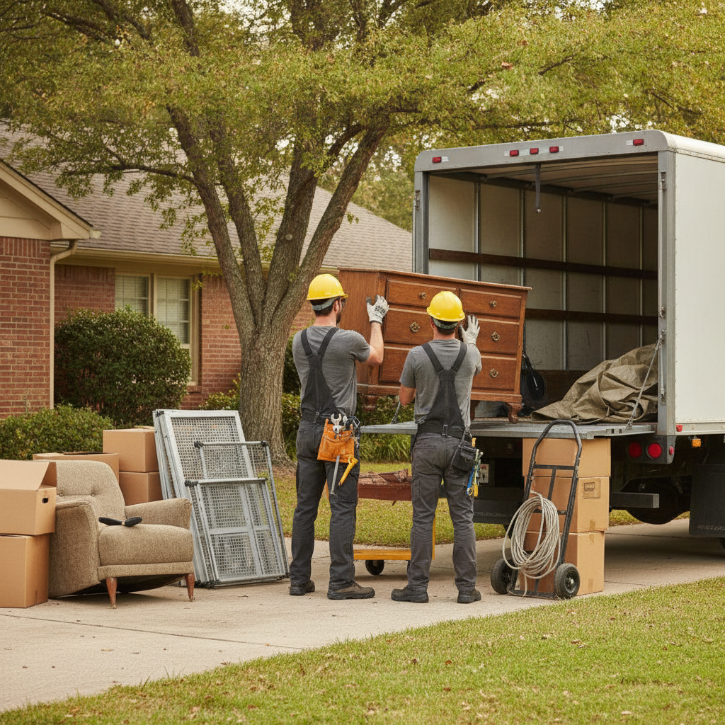 Create a realistic, professional service-business photograph showing Item Pickup Service from behind, with the backs of their heads visible. Do not show any faces, facial features, front-facing views or side views, profiles, or identifiable